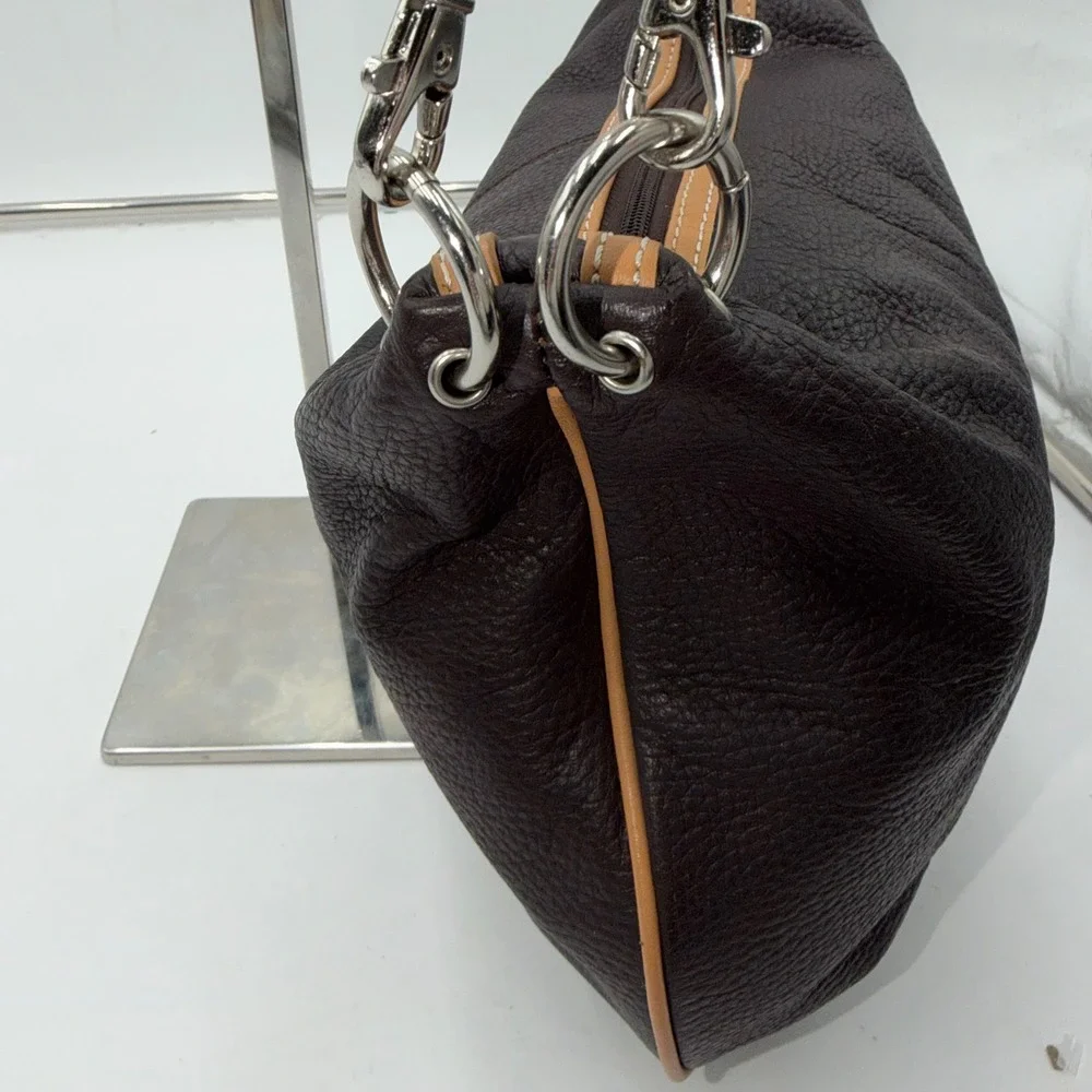 Maxx New York Pebbled Leather Shoulder Bag Tan Trim Silver Tone Hardware